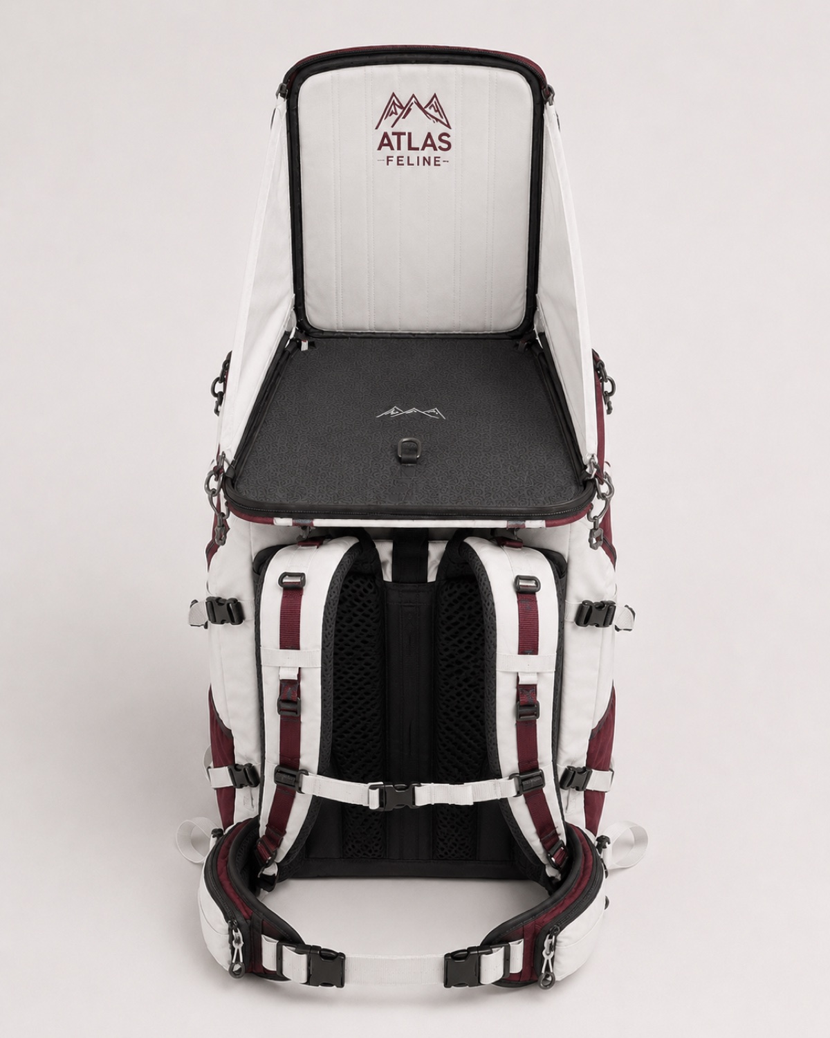Front view of the Atlas Feline backpack in open platform mode