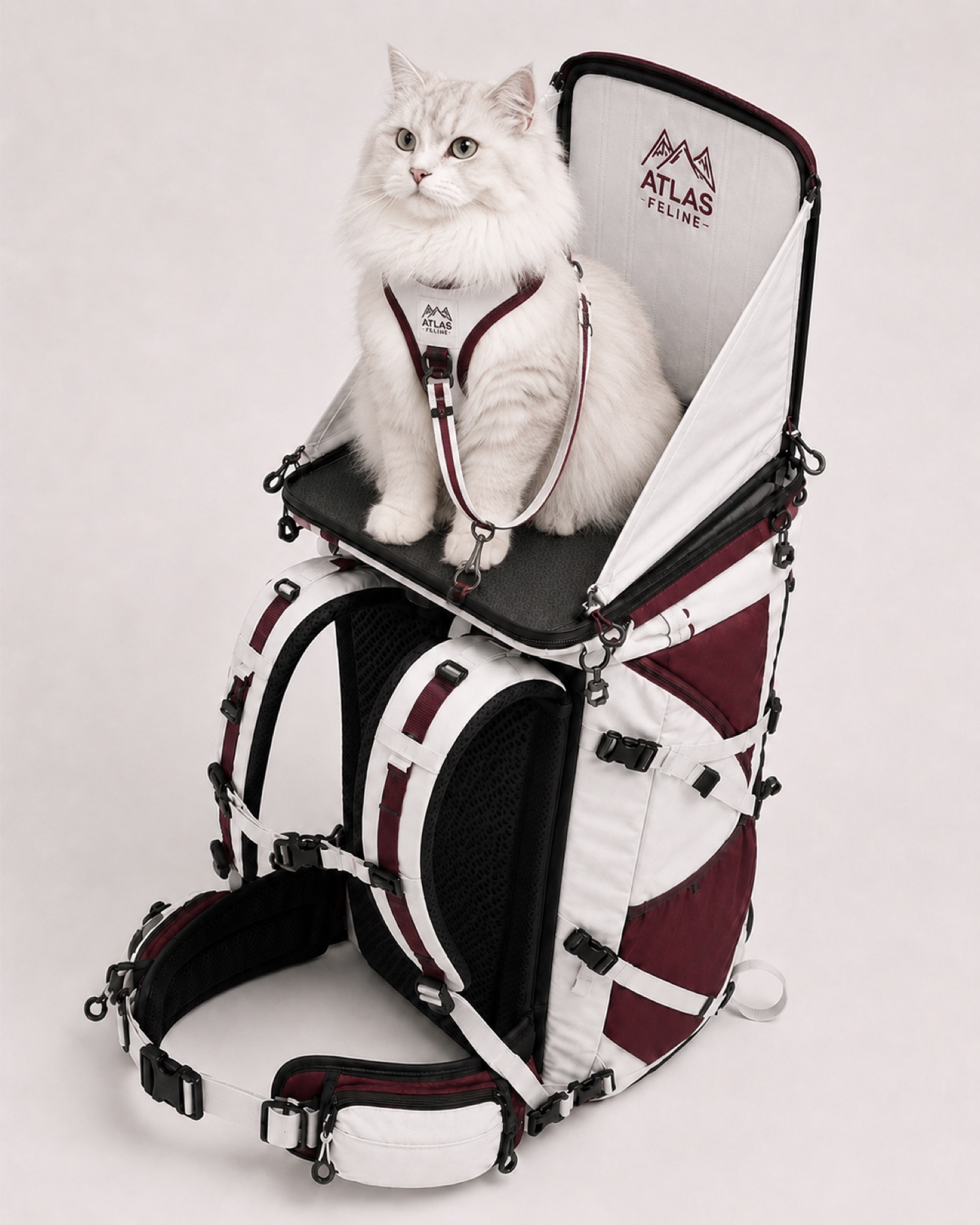White cat sitting on the deployed Atlas Feline backpack platform